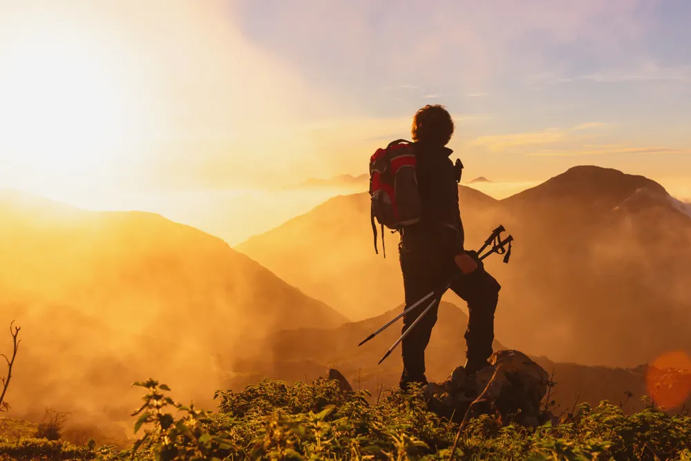 Hikers in warm evening light